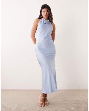 Kaiia Exclusive Satin High Cowl Neck Lace Back Detail Maxi Dress - Blue
