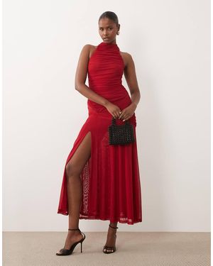 Bardot Mesh High Neck Ruched Side Thigh Split Maxi Dress - Red