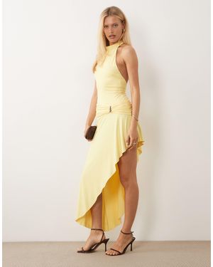 Murci High Neck Gathered Waist Gold Hardware Detail Maxi Dress - Natural