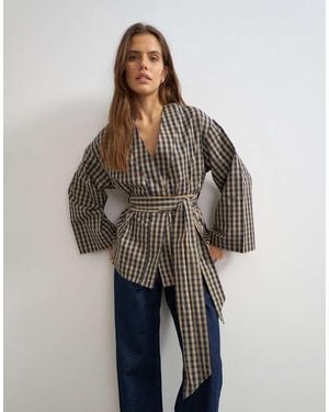 TOPSHOP Top Avvolgente Con Dettaglio Annodato A Quadri - Marrone