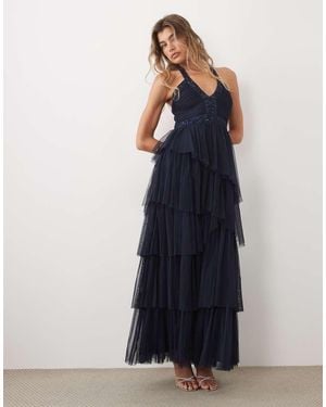 LACE & BEADS Embellished Tulle Halter Neck Tiered Ruffle Maxi Dress - Blue