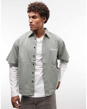 X-Large Camicia A Maniche Corte A Quadri Doppi Con Tasche A Marsupio - Grigio