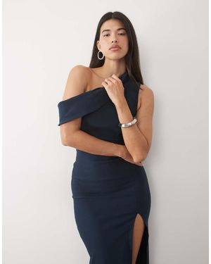Vesper Bengaline Asymmetric Drape Off Shoulder Thigh Split Maxi Dress - Blue