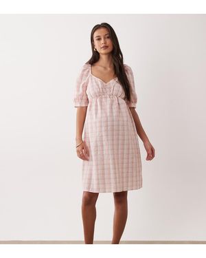 Mama.licious Mamalicious Maternity Seersucker Puff Sleeve Ruched Front Dress - Pink