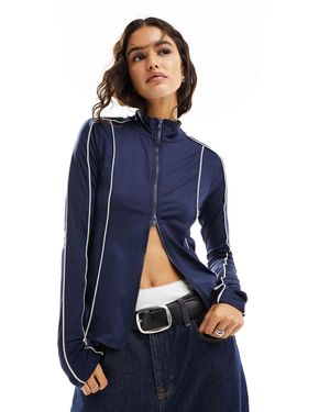 Weekday Lionella Long Sleeve Zip Up Top With Piping Detail - Blue