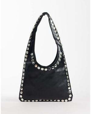 Kaiia Exclusive Faux Leather Silver Studded Shoulder Bag - Black