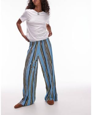 TOPSHOP Stripe Crinkle Wide Leg Pants - Blue