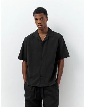 Pull&Bear Short Sleeve Linen Blend Shirt - Black