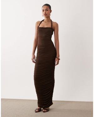 SNDY'S Slinky Braided Detailing Halterneck Ruched Maxi Dress - Natural