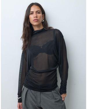 ASOS Sheer Batwing High Neck Ruched Sleeve Top - Gray