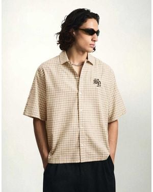 Bershka Embroidered Short Sleeve Shirt - Natural