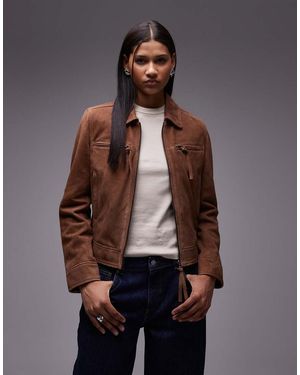 Urbancode Suede Zip Through Fitted Moto Jacket - Natural