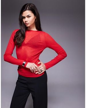 ASOS Semi Sheer Twist Open Back Long Sleeve Top - Red