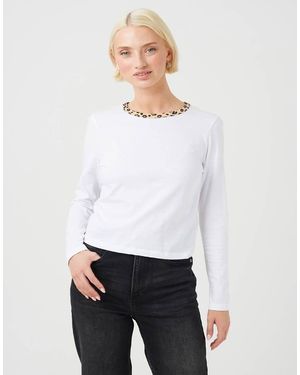 Brave Soul Long Sleeve Contrast Print Neck Detail Top - White