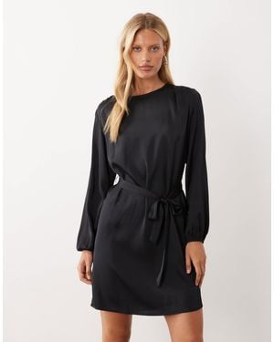 Vila Tie Waist Long Sleeve Satin Mini Dress - Black