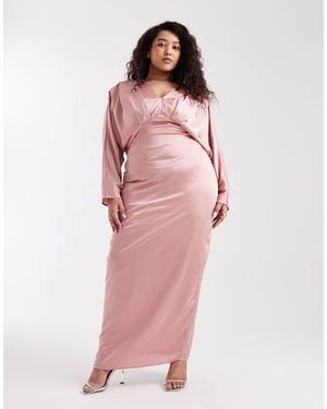 Tfnc Plus Bridesmaid Satin V Neck Pleat Detail Fitted Maxi Dress - Pink