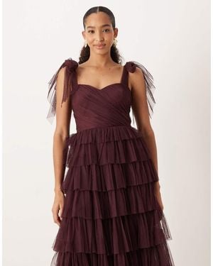 LACE & BEADS Bow Shoulder Tulle Maxi Dress - Red