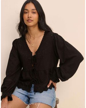 Nobody's Child Embroidered Tie Front Blouse - Black