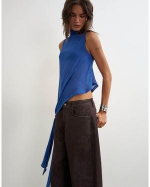 TOPSHOP Cowl Neck Tie Knot Drape Top - Blue