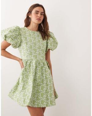 Sister Jane Freja Jacquard Round Neck Puff Sleeve Mini Dress - Green
