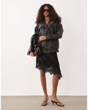 Mango 100% Leather Oversized Jacket - Black
