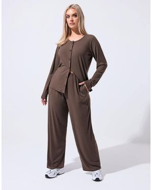 Yours Clothing Ribbed Wide Leg Trousers - Brown
