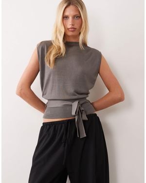 Mango Sleeveless Tie Waist Knit Top - Gray