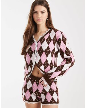 Miss Selfridge Argyle Cardigan With Lace Trim Co-Ord - Red
