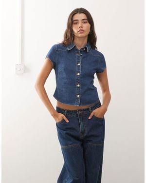 Lioness Varsity S Collar Detail Short Sleeve Contrast Stitch Denim Shirt - Blue