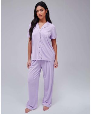 Loungeable Pyjama en jersey côtelé ultra-doux avec haut à manches courtes et pantalon - lilas - Violet