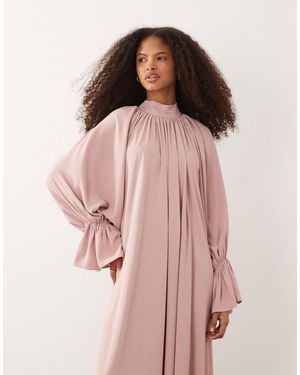 Iyal High Neck Cuff Sleeve Detail Floaty Maxi Dress - Pink