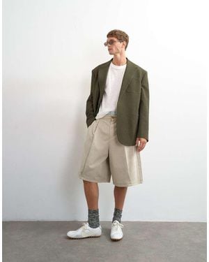 TOPMAN Wide Leg Twill Bermuda Shorts With Pronounced Pleat - Blue