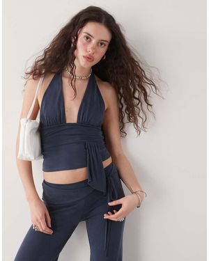 Motel Prilla Slinky Wrap Co-Ord Detail Halter Top - Blue