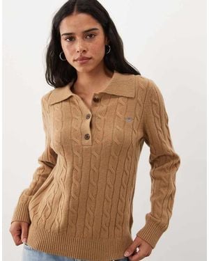 GANT Stretch Cotton Cable Knit Half Zip - Brown