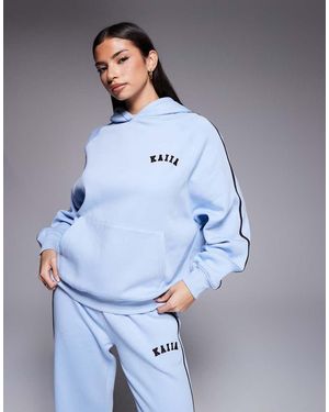 Kaiia Cotton Rich Embroidered Logo Contrast Stripe Detail Oversized Hoodie - Blue