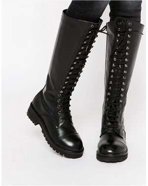 HUGO Lace Up Chunky Leather Knee Boots - Black