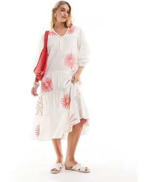 Accessorize – midi-strandkleid mit sommerlichem sonnenprint und puffärmeln - Weiß