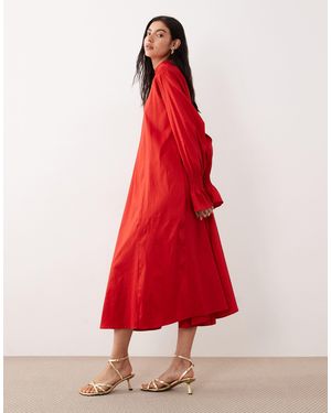Ghospell Taffeta High Neck Shirred Wrist Balloon Sleeve Midaxi Dress