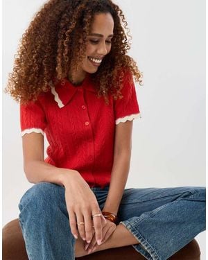 Threadbare Cable Knit Scallop Trim Polo - Red