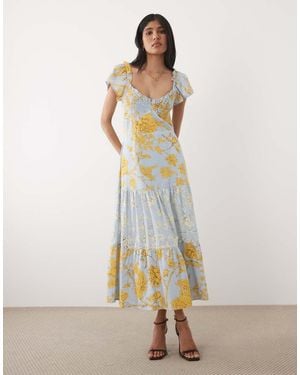 Hope & Ivy Vestido Midi Azul Y Amarillo Con Estampado Floral Variado, Pecho Fruncido Y Lazada En La Espalda - Neutro