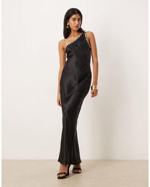 Never Fully Dressed Satin One Shoulder Faux-pearl Button Detailing Maxi Dress - Natural