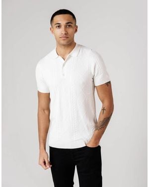 French Connection Cable Knit Short Sleeve Button Collar Polo Shirt - White