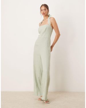 Mango Tuta Jumpsuit Salvia Allacciata Al Collo Con Scollo Squadrato E Piega Frontale - Neutro