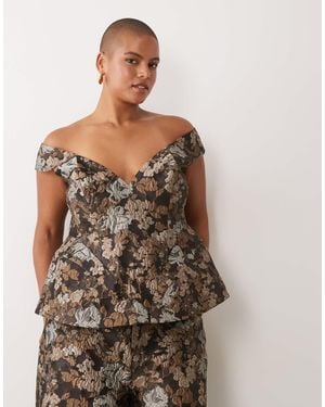 ASOS Curve Floral Jacquard Off Shoulder Top - Brown