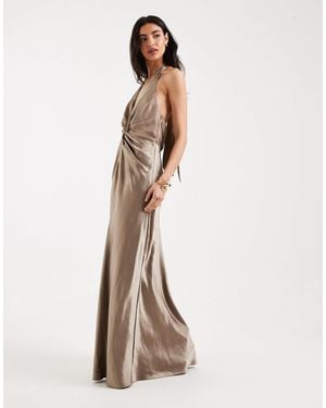 Six Stories Bridesmaids Satin Plunge Knot Detail Open Back Maxi Dress - Natural