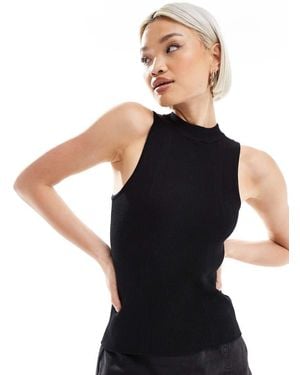 Pimkie Fine Rib High Neck Sleeveless Singlet Top - Black