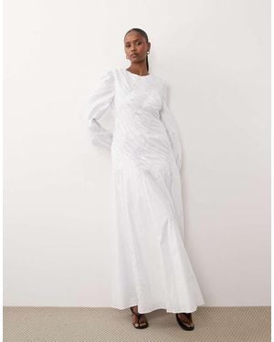 DASKA Asymmetric Ruched Balloon Sleeve Maxi Dress - White
