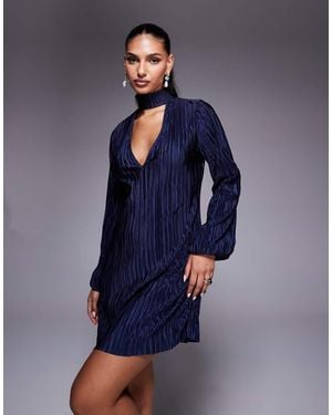 ASOS Plisse V Front Choker Detail With Balloon Sleeve Mini Dress - Blue