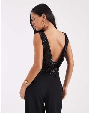 Collusion Cowl Back Slash Neck Sequin Top - Black