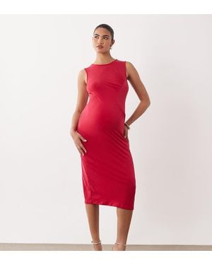 Mama.licious Mamalicious Maternity Sleeveless Side Ruched Detail Slinky Midi Dress - Red